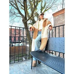 STAND STUDIO Brown White Checkered Pattern Faux Fur Oversized Nikki Coat Size 44